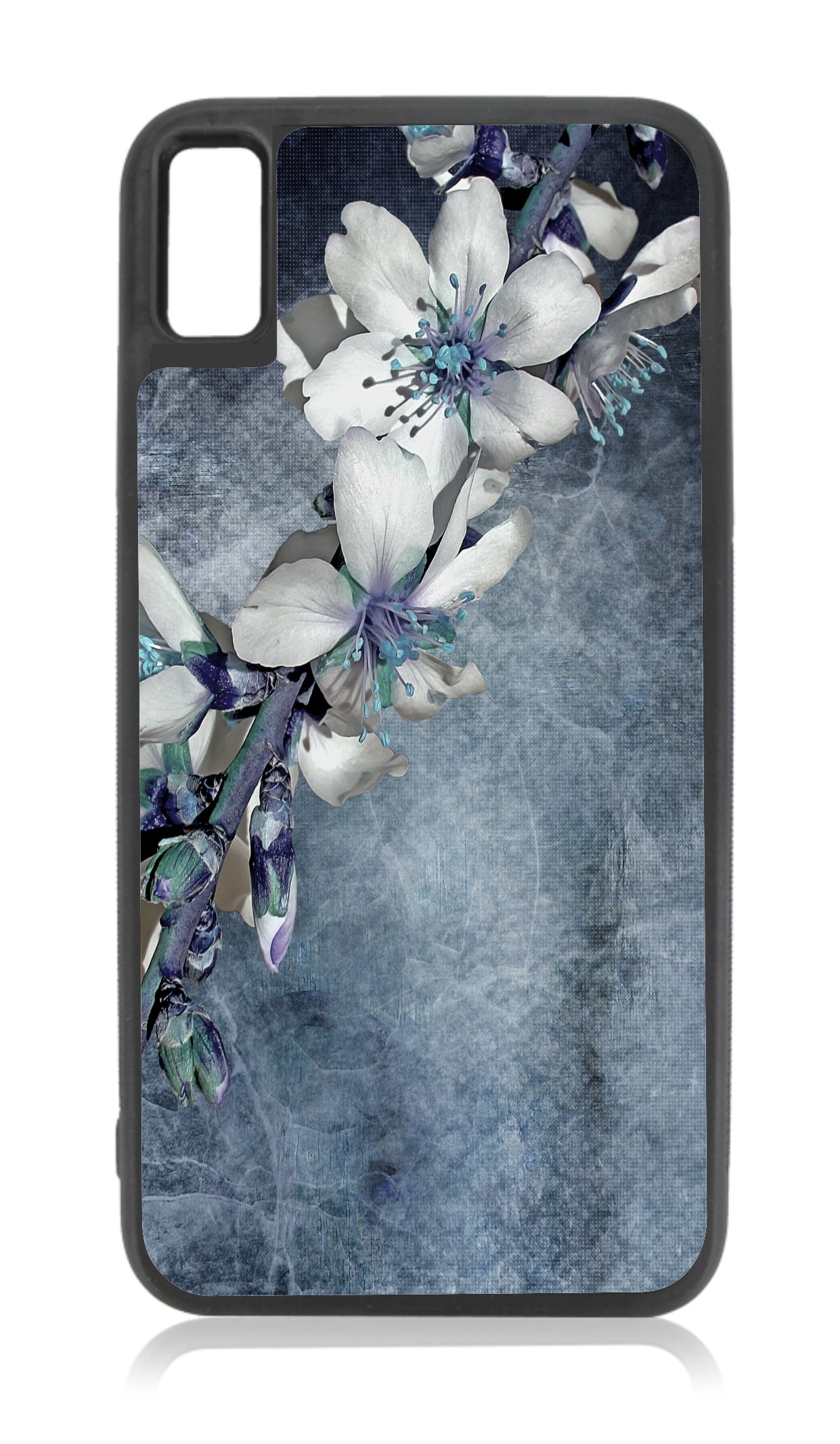 White and Blue iPhone X Floral Case iPhone 10s Flower Case Design Black Rubber Case Cover for
