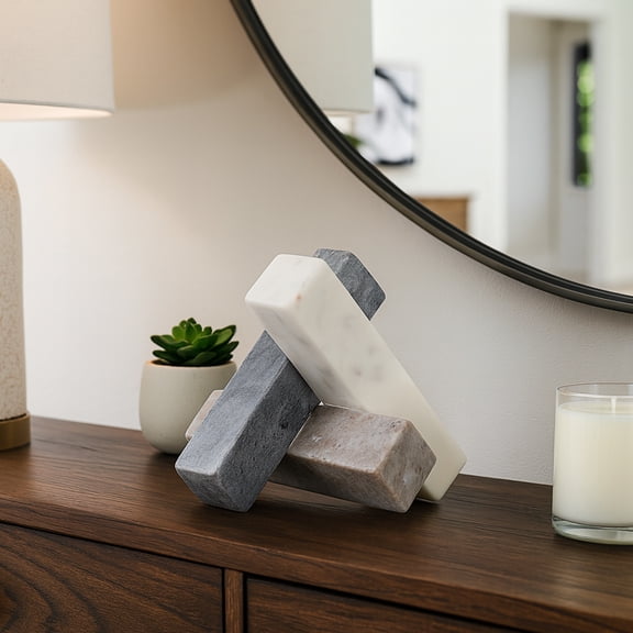 Abstract Marble Jack Sculpture for Coffee Table Decor - Elegant Home Accent for Bathroom, Bedroom, and Office Desk - Home Ornament Statue for Living Room and Coffee Table - 6", White & Tan