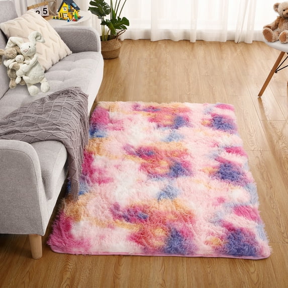 FairOnly Shaggy Rectangle Area Rug for Kids Bedroom Abstract Plush Fuzzy Rectangle Decorative Floor Carpet for Baby Bedroom, Yellow/Pink/Purple, 5'x8'
