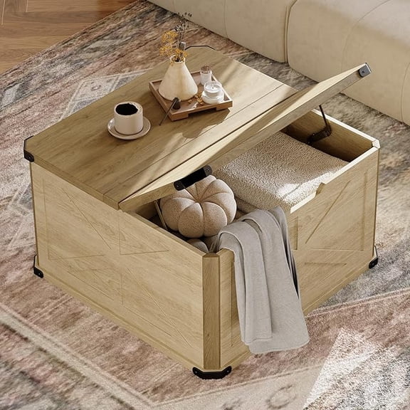 LAZZO Farmhouse Coffee Table with Hidden Storage, Square Wood Center Table for Living Room Bedroom