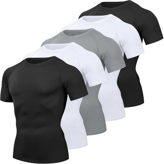 alpinario Men's Compression Shirts Cool Dry Short Sleeve Baselayer Athletic Workout T Shirts, Black, White, Large