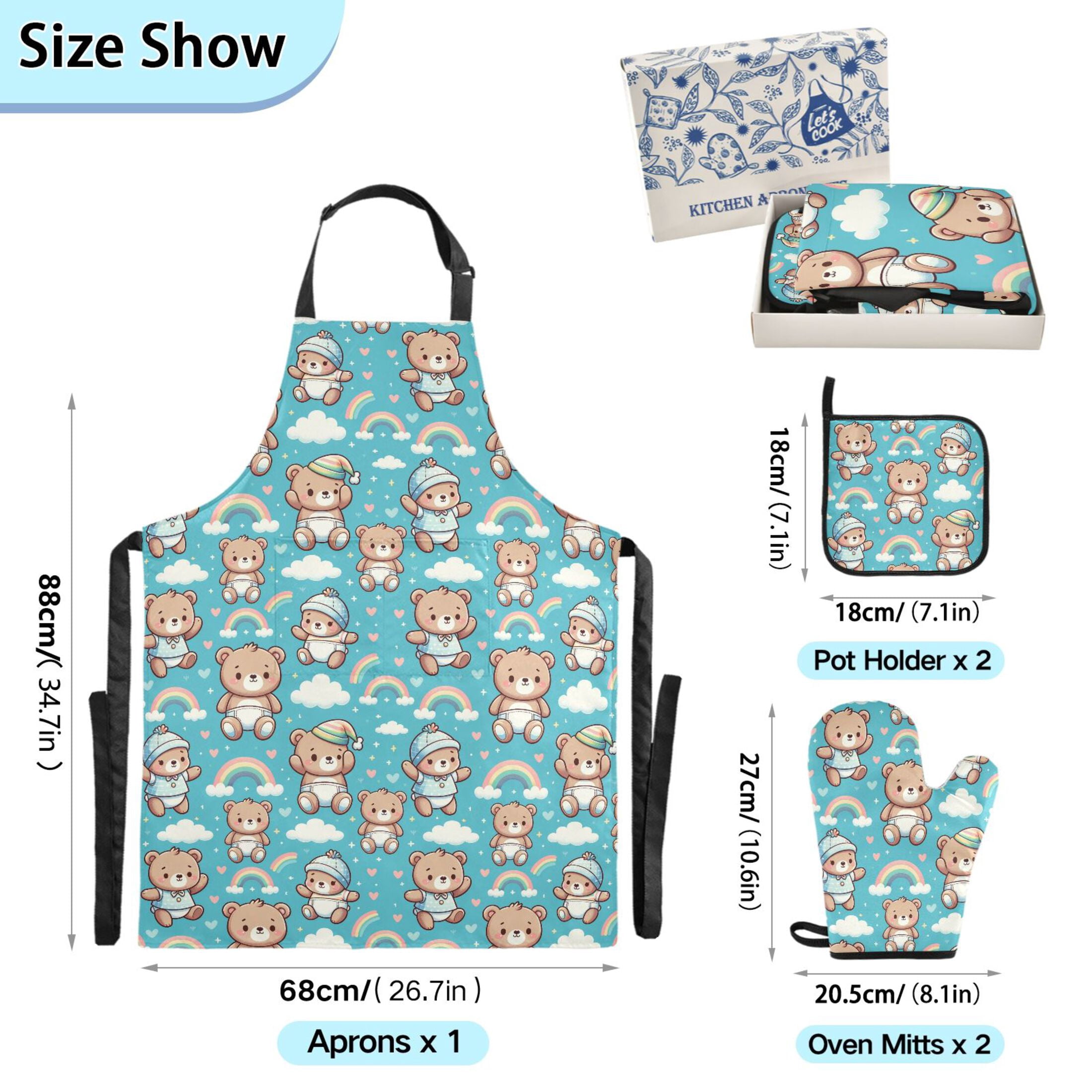 5 Pcs Kitchen Set Heat Resistant Oven Mitts and Non-Slip Pot Holders with Adjustable Cooking Apron Bear with Hat and Rainbow