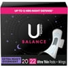 U by Kotex Balance Ultra Thin Overnight Pads with Wings, Extra Heavy Absorbency, 22 Ct