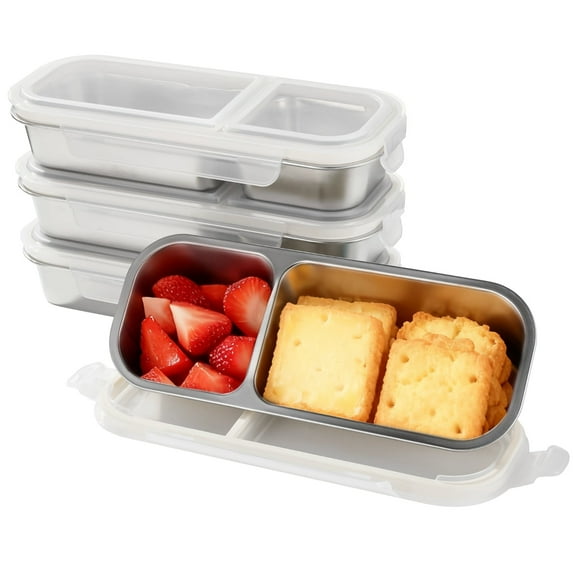4 Pcs Stainless Steel Bento Boxes, 2-Compartment 23.7 fl oz Snack Containers with Leakproof Silicone Seals, Stackable Meal Prep Food Storage Box for Adults & Youngsters