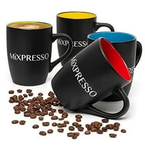 Mixpresso 4-Piece Mug Set, 16 Oz Ceramic Coffee Mugs with Large Handle, Colorful, Hot or Cold Drinks, Tea, Cappuccino, Milk, Cocoa, Cereal. Black and Colors