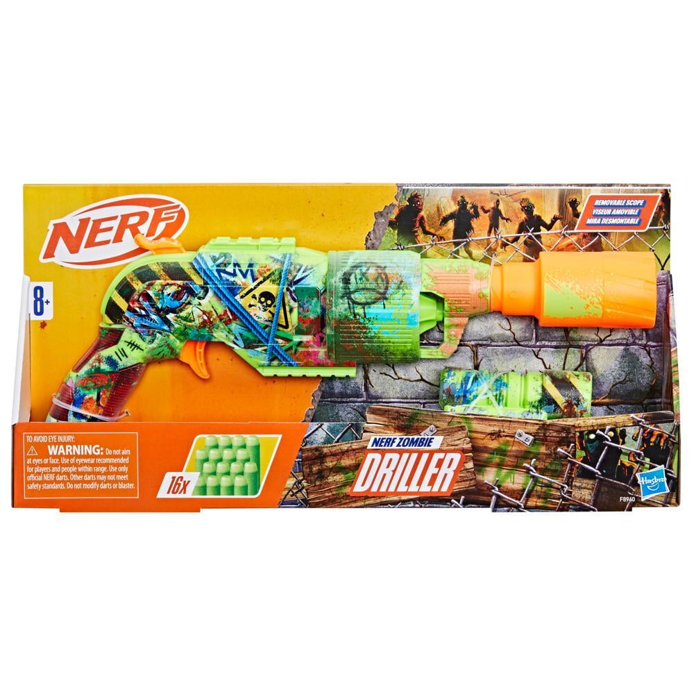 Nerf Zombie Driller Dart Blaster, 16 Nerf Elite Darts, Outdoor Games, Ages 8+