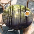 thumbnail image 2 of Yellow Forest Round Tablecloth, Fitted Table Cover with Elastic for 55"-60" Round Tables, Vintage Foggy Woods Tree Table Cloth Outdoor Indoor Dinning Party Waterproof Tablecloths, 2 of 7