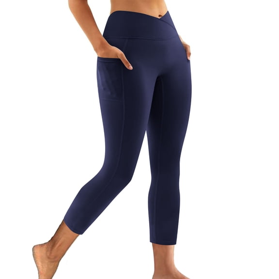 High Waisted Leggings for Women Buttery Soft Full Length Capri Workout Yoga Pants with Pocket Navy L