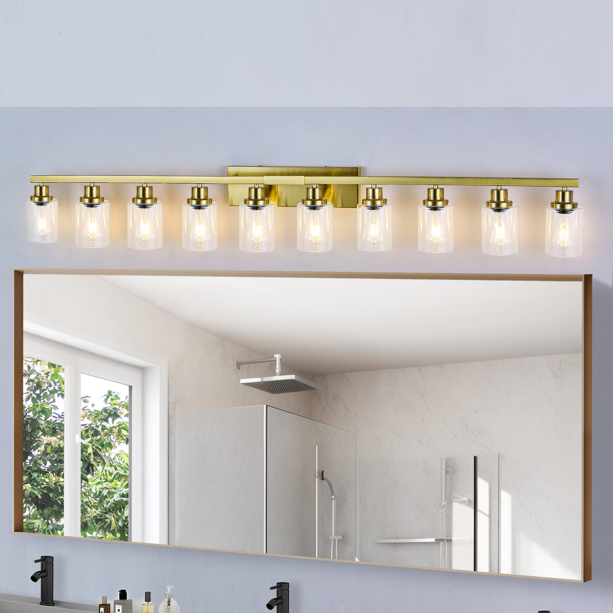 Leumius Modern Golden 10-Light Bathroom Vanity Light Fixture, Industrial Wall Sconce with Clear Glass Shades for Mirror, Bathroom, Bedroom and Hallway (No Bulbs)