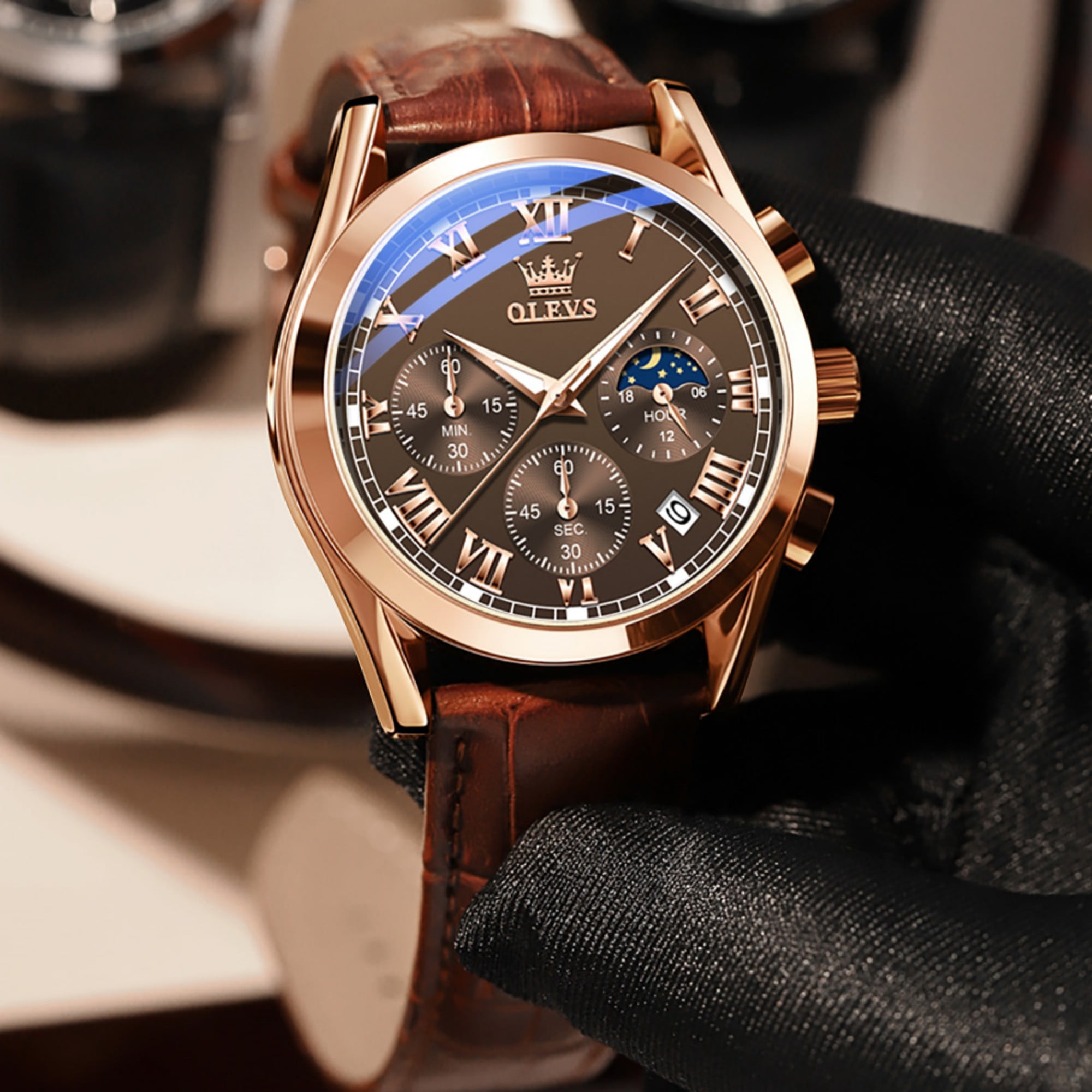 OLEVS Chronograph Watches for Men Luxury Classic Business Sports Mens Watches Moon Phase Waterproof Luminous Analog Quartz Leather Strap Reloj, Gifts for Men