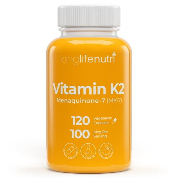 LongLifeNutri Vitamin K2 MK-7 100mcg – 120 Vegetarian Capsules for Bone and Heart Health, 4-Month Supply, Alcohol-Free, Lab Tested, Made in USA, Non GMO