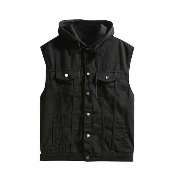 Men's Edgy Denim Jacket in Punk Style, Includes a Removable Hood and Turndown Collar, Sleeveless for Easy Layering, Ideal for Casual and Concert Wear