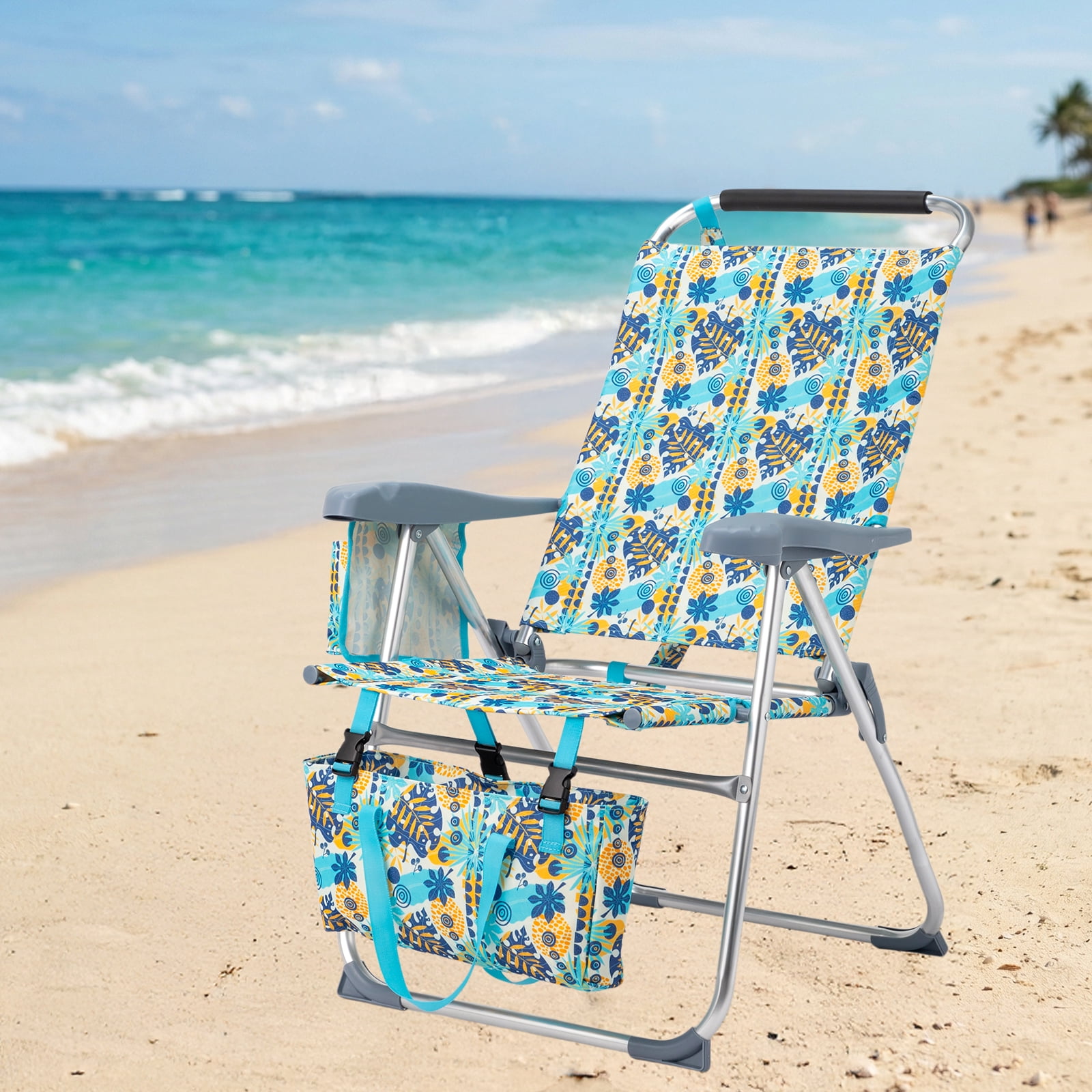 17" High Seat Folding Beach Chair, 7 Position Adjustable Recline Lounge Chair with Padded Headrest, Aluminum Frame Supports 265lbs with Cup Holder Side Pocket & Detachable Storage Tote