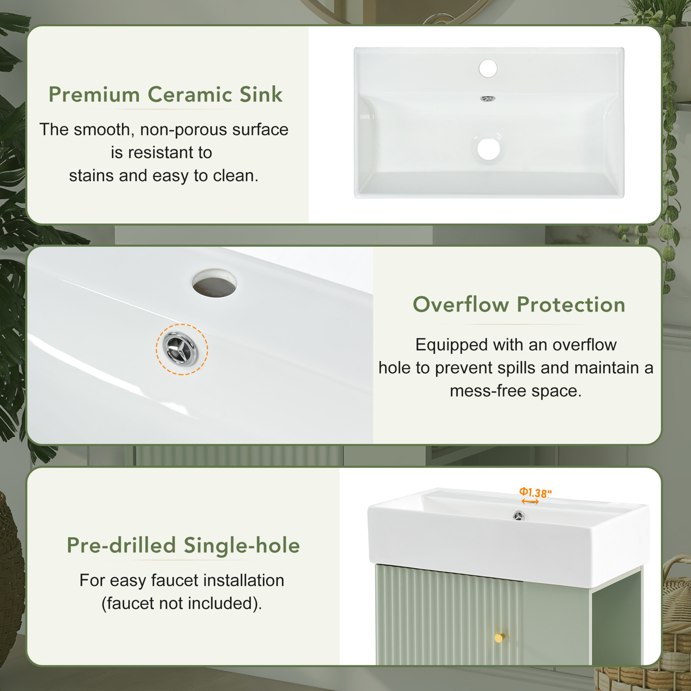 Noble House 21.6" Floating Bathroom Vanity with Ceramic Sink, Right Side Storage, Wave Door & Gold Handle, Green