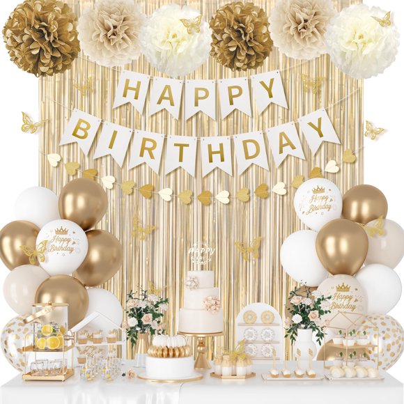 Decoraciones de fiesta Ouddy Gold White para cumpleaños para mujeres y niñas