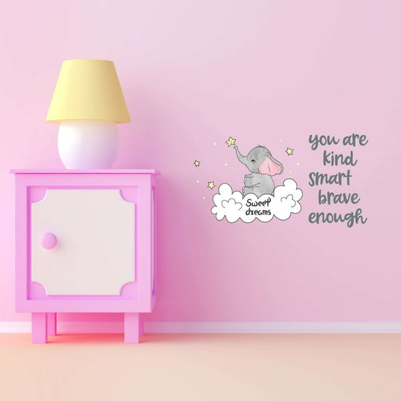 Elephant Sunshine Sweet Dreams Smart Brave Kind Enough Hugs Kisses Girls Love Beautiful Crown Prince Unicorns Royalty Sweet Dreams Decorating Bedroom Wall Decal Sticker - Size: 20 In X 10 In