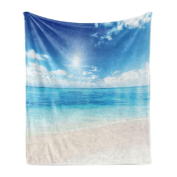 Ocean Soft Flannel Fleece Throw Blanket, Beach View from Caribbean Sea in a Sunny Day Exotic Summer Season Print, Cozy Plush for Indoor and Outdoor Use, 50" x 60", Cream Turquoise White, by Ambesonne