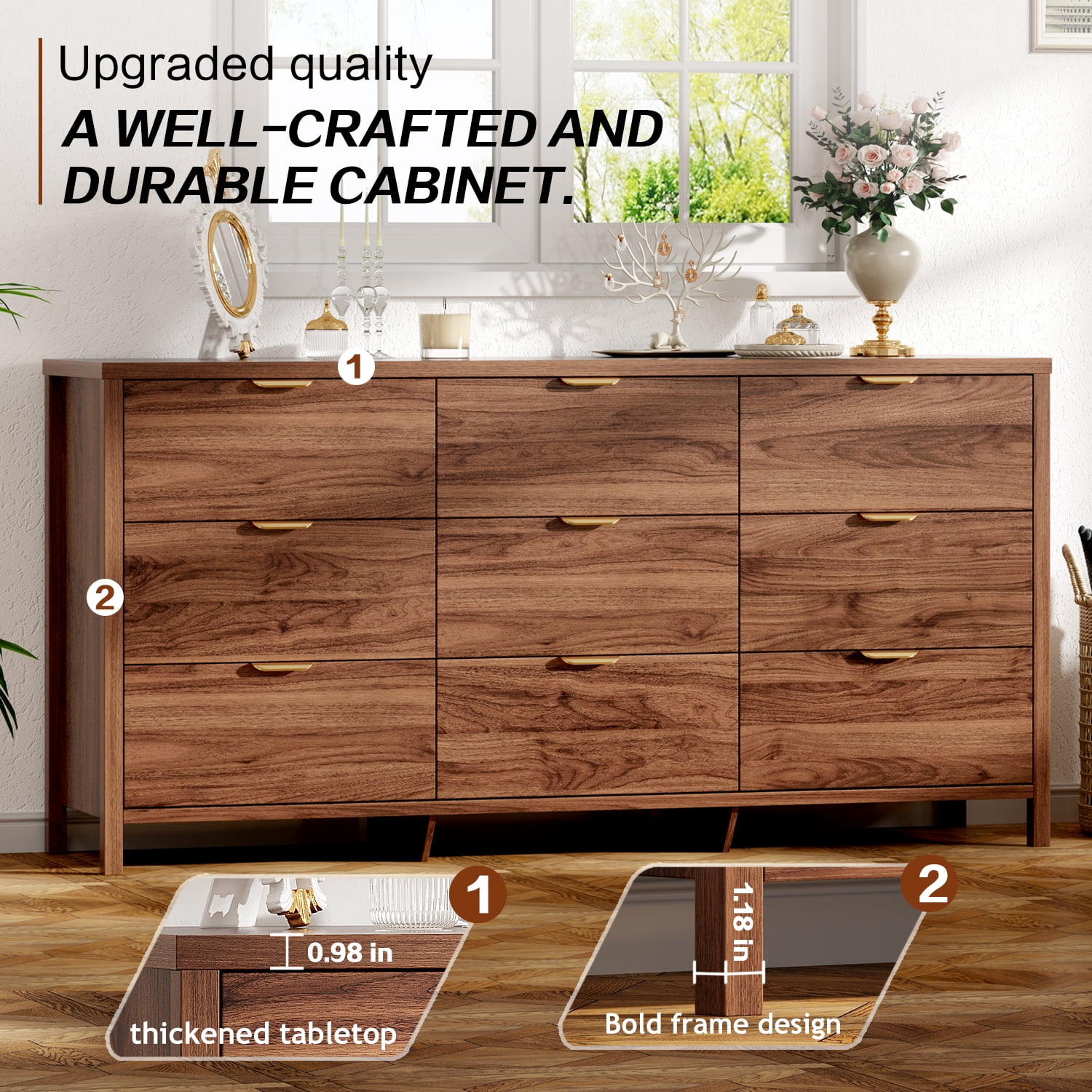 Arulvmrn medieval-style 9-drawer dresser, 63" chest, wood organizer for bedroom/living room, walnut.