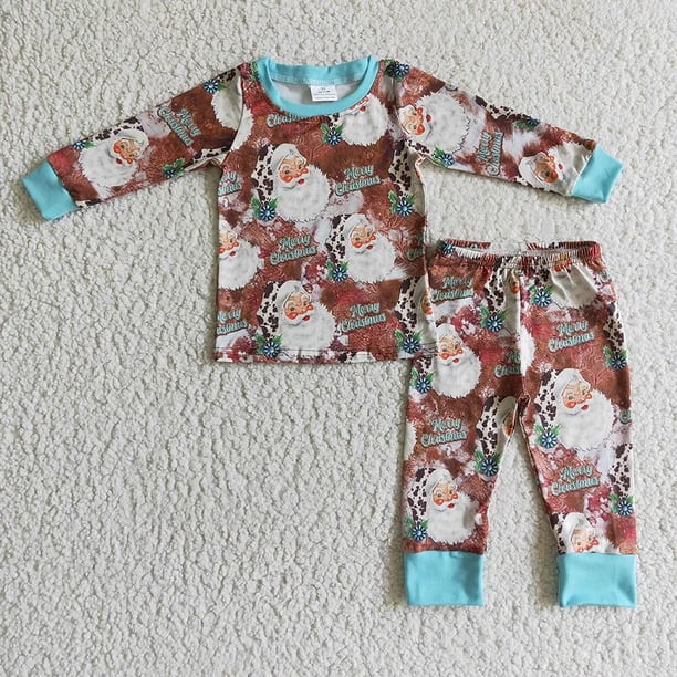 Venta al por mayor de pijamas de Feliz Navidad de Papá Noel para niños, conjunto de manga larga para niñas, pantalones de leopardo para niños, ropa de dormir para niños pequeños, ropa de dormir