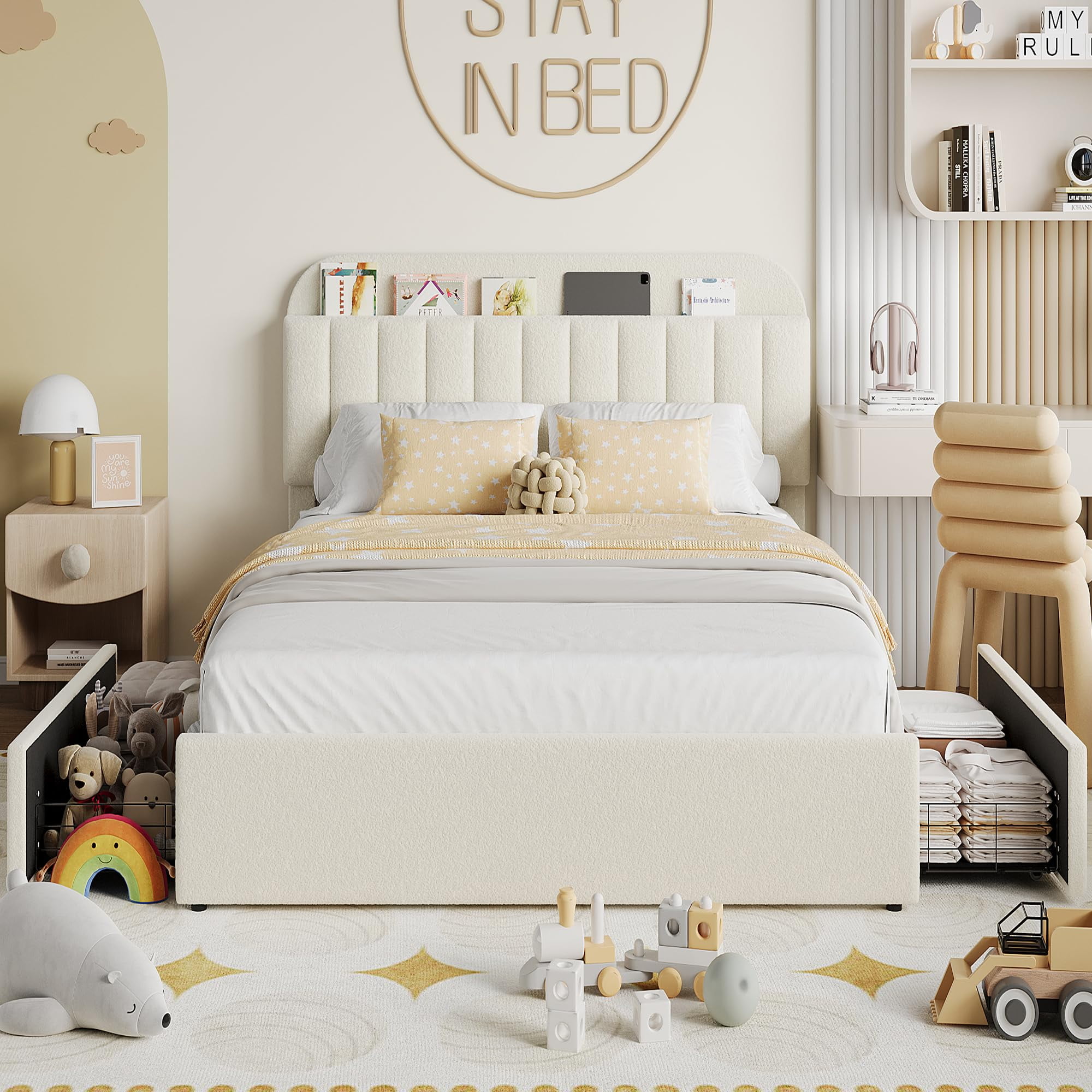 Upholstered FULL Platform Bed, FULL Size Bed Frame with Storage Underneath and Headboard, Wood Platform Bed for Bedroom (White)