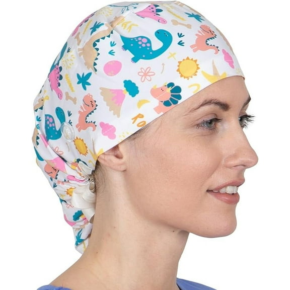 Scrub Caps Women Ponytail - Surgical Caps for Women Long Hair - Nurse Cap - Scrub Hats for Nurses - Bouffant Scrub Cap Dino