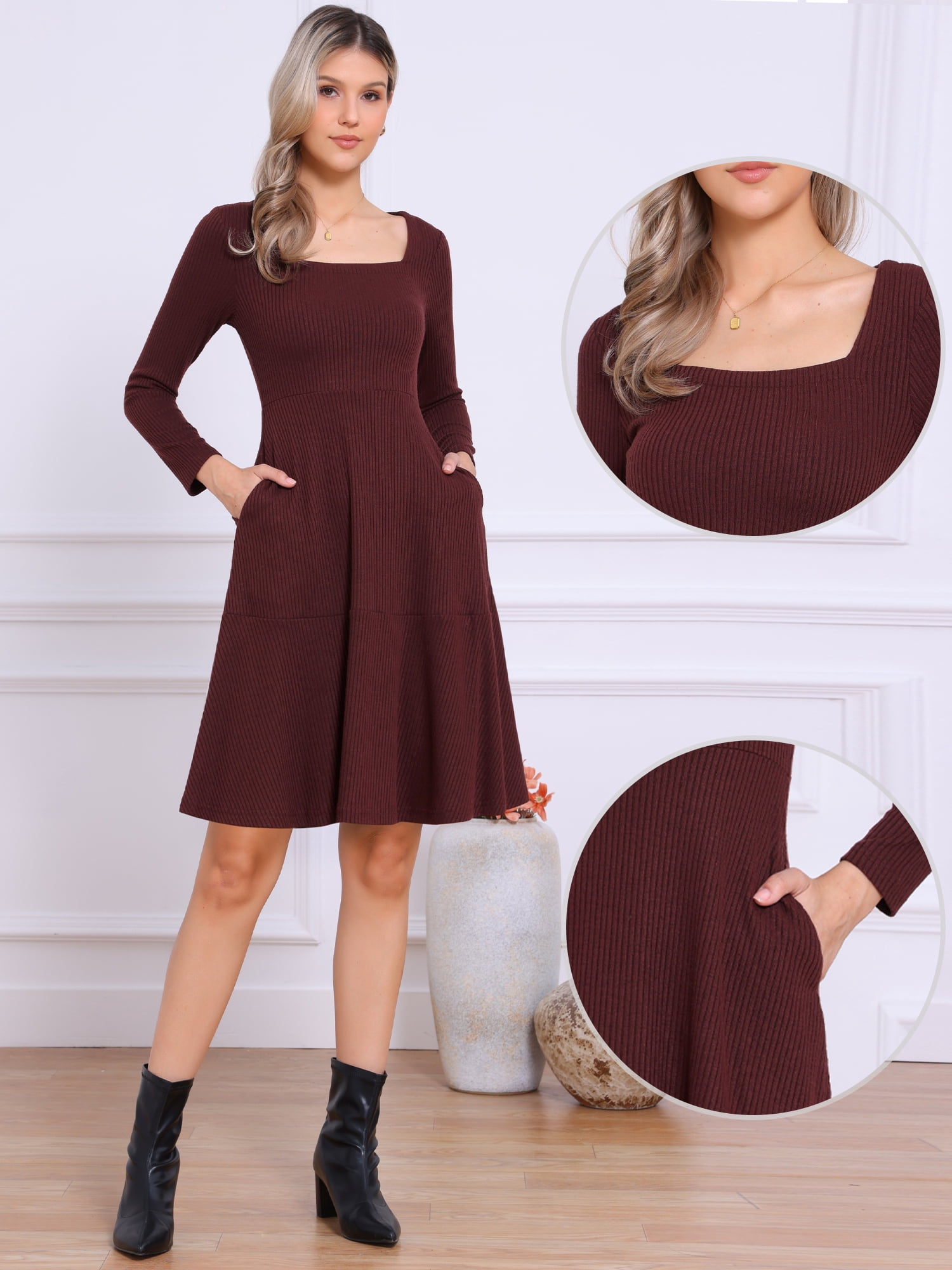 DARING DIVA Women's Knit Sweater Casual Square Neck Long Sleeve Dress XS Deep Red