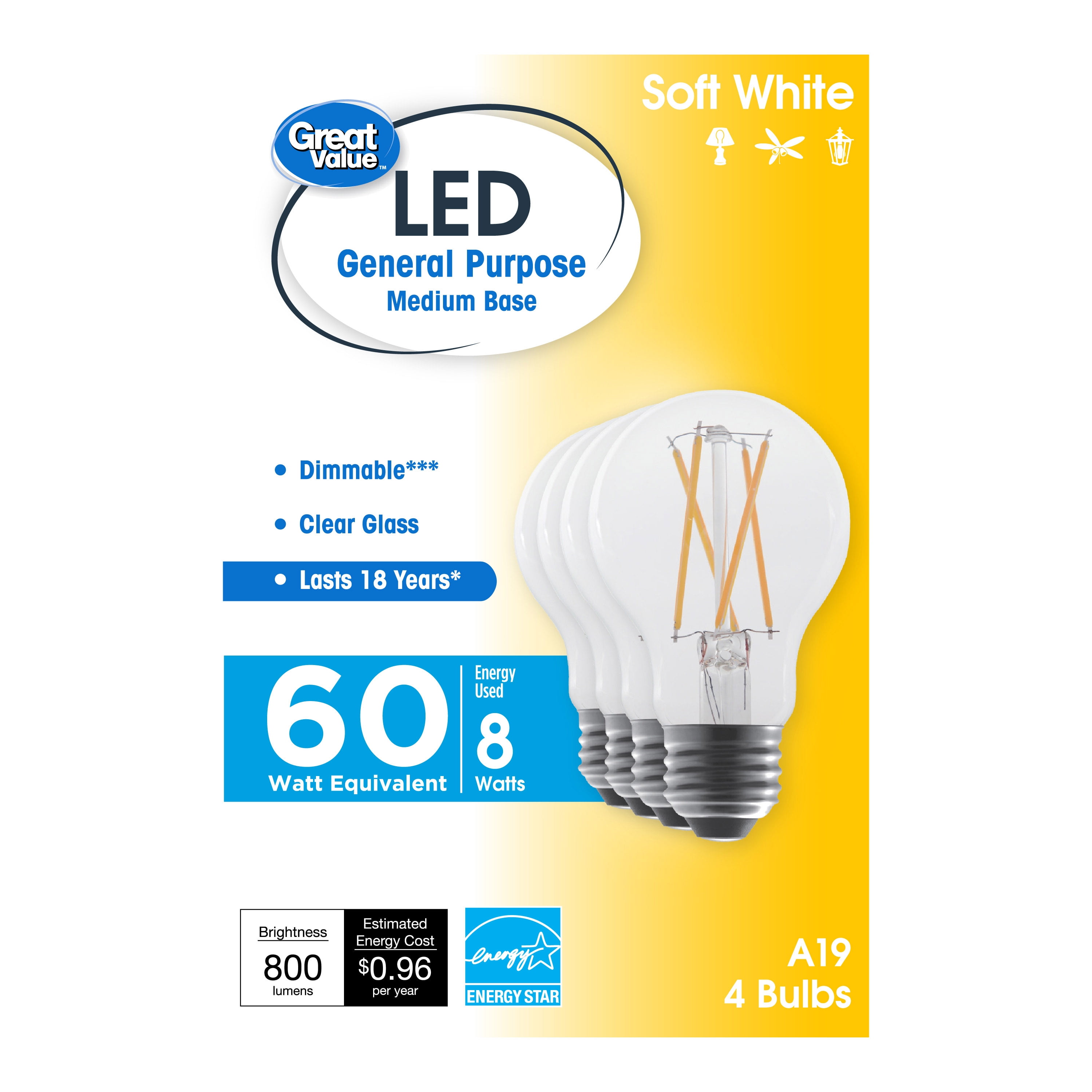 Great Value 18 Year LED Light Bulbs, A19 60 Watts Equivalent, 8 Watts Efficient, Soft White Clear, Glass, 4 Pack