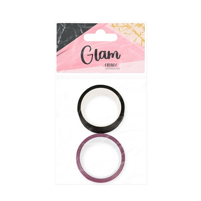 Cintas Adhesivas Prichos Glam Multicolor de Papel con Glitter y Adhesivo 2 Piezas por Empaque, dos rollos de cinta adhesiva de papel con brillo en colores negro y morado, presentados en empaque plástico con etiqueta rosa y detalles dorados, ideales para decorar, organizar y personalizar artículos de papelería y oficina.