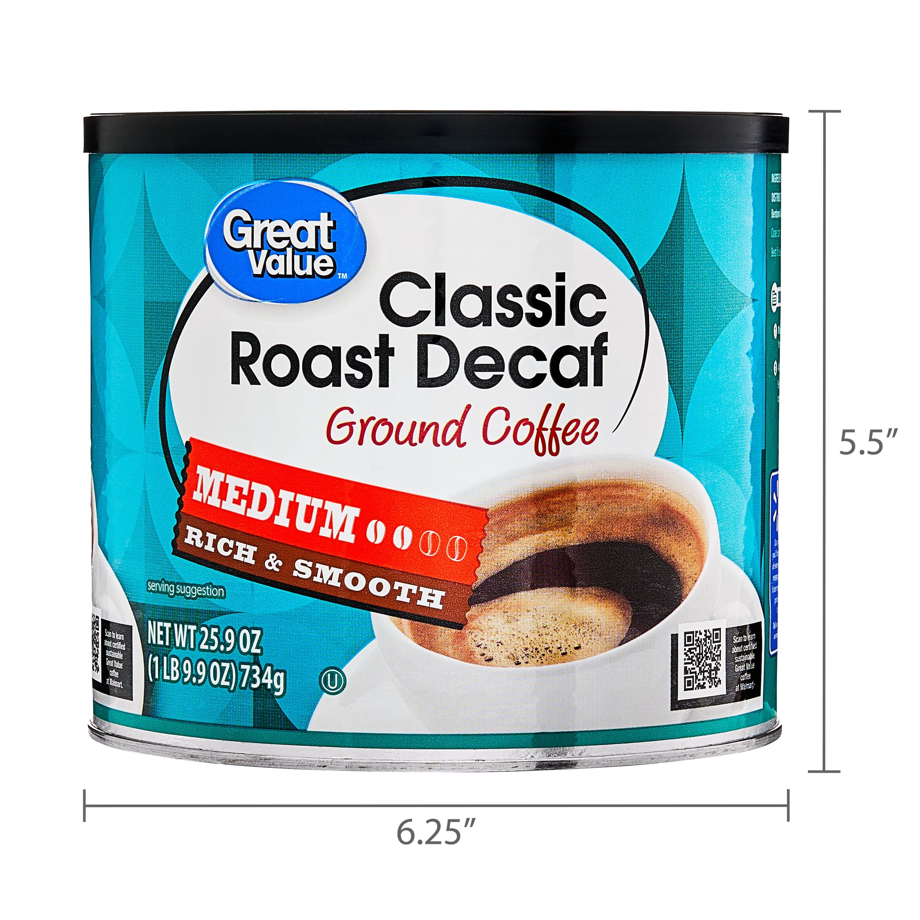 (6 pack) Great Value Decaf Classic Medium Roast Ground Coffee, 25.9 oz