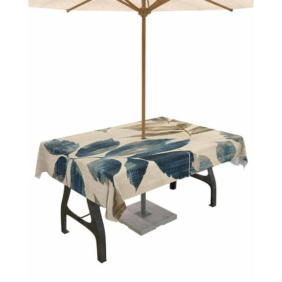 nqOlkjepod Navy Blue Brown Botanical Outdoor Tablecloth with Umbrella Hole & Zipper, Retro Elegant Palm Leaves Rectangle Table Cover 52x70 Inch, Dining Waterproof Table Cloth Protector for Patio