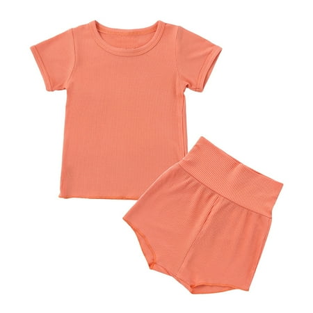 

GYUJNB Toddler Baby Girl Summer Clothes Ruffle Ribbed Knit Short Sleeves T-Shirt Tops + Shorts Cute Outfits Set(Orange 12-18 Months)