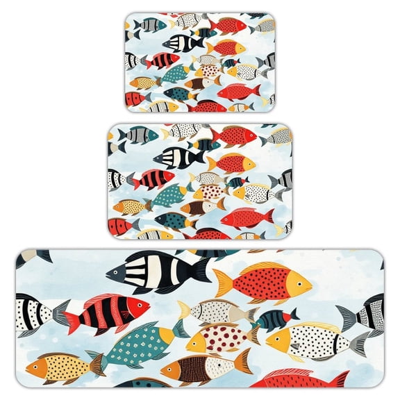 RKSupls Kitchen Rug Set 3 Piece Anti-Slip Flannel Floor Mats, Colorful Fish Pattern Washable Absorbent Runner Mats for Kitchen Bathroom Home Decor