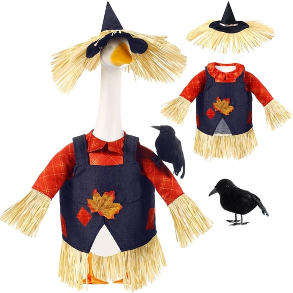 RUINIXCW Fall Scarecrow Porch Goose Outfit Halloween Thanksgiving Porch Goose Outfits 23 inch Cement Plastic Goose Statue Garden Porch Goose Clothes Straw Hat Crow Set Yard Patio Decor (No Goose)