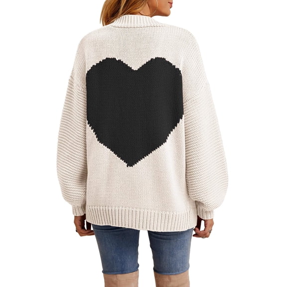 Women's Oversized Heart Print Cardigan - Longline Open Front Coatigan Sweater