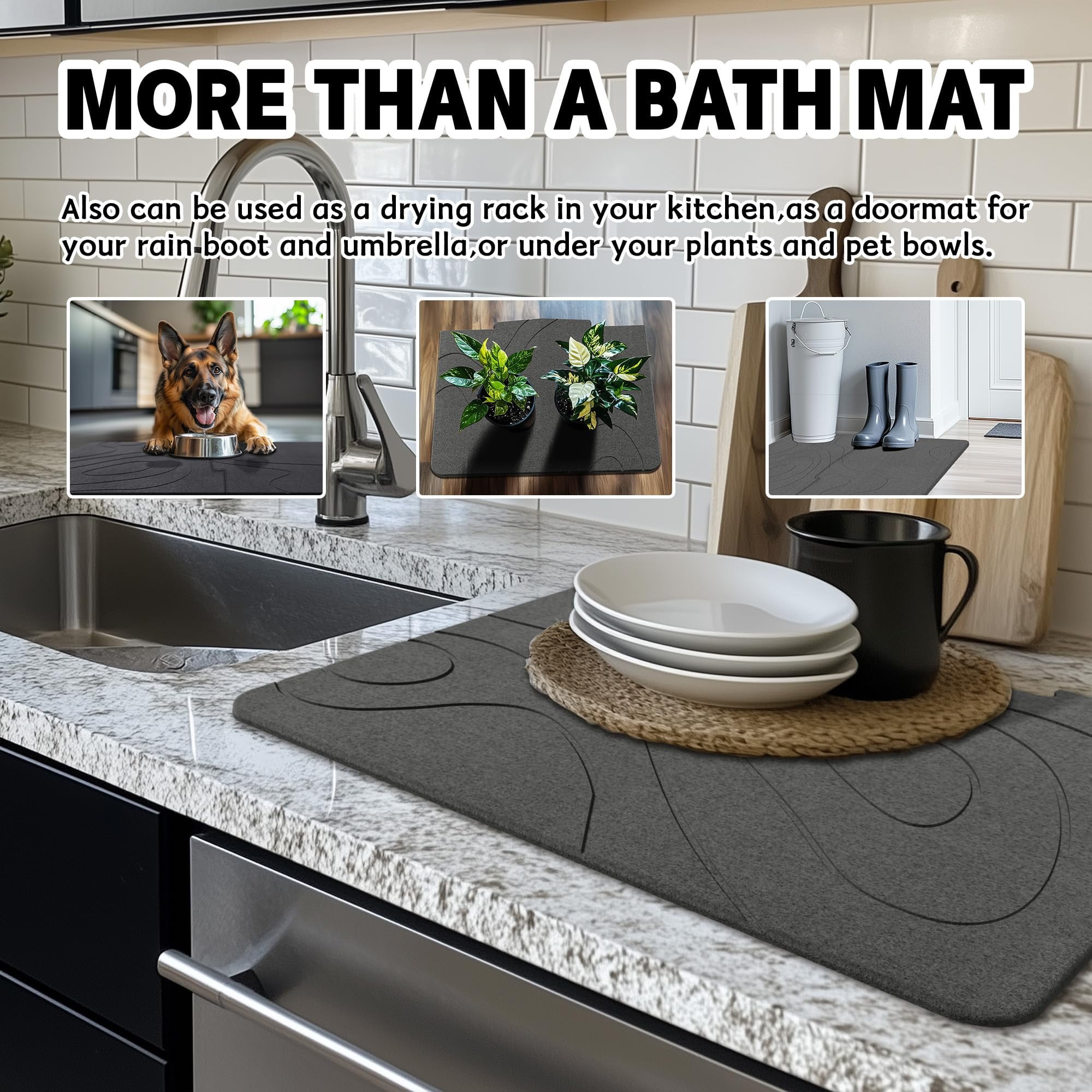 Large Stone Bath Mat, 32"x 20" Diatomaceous Earth Bath Mat for Bathroom, Quick Drying Long Bath Mat Stone Absorbing, Non-Slip Diatomite Hard Stone Shower Mat Instant Dry (Dark Grey)