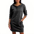 thumbnail image 3 of Women's Sweatshirt Dress Hoodie Dress Three Quarter Sleeve Stand Collar Drawstring Waist Casual Dress for Spring Fall Party Daily,Black,L, 3 of 5