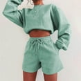 thumbnail image 4 of Ensemble de 2 Pcs pour Femmes 2023 Mode Blouse Col Rond Couleur Unie Manches Longues Hauts Courts Chandail en Molleton Shorts Ensemble Décontracté en Solde, 4 of 7