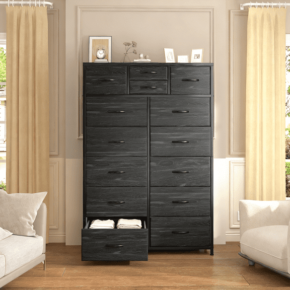 Romorgniz Tall Dresser for Bedroom with 14 Fabric Drawers Dressers & Chests of Drawers for Closet, Sturdy Metal Frame, Wood Top, Black