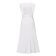thumbnail image 6 of Franhais Women Temperament Long Dress, Solid Color Ruffle Sleeve V Neck Pleated Chiffon Dresses with Waistbelt, 6 of 7
