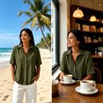 thumbnail image 2 of WAGUTH Womens Cotton Linen Snap Botton Front Shirts Collared Short Sleeve Tops Casual Summer Tunic Blouses with Chest Pocket,Army Green,L, 2 of 8
