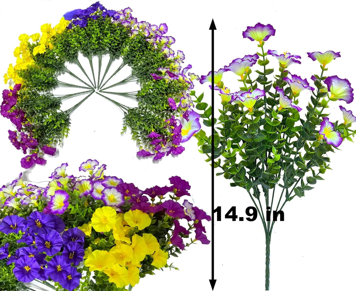 Artificial Flowers for Outdoors Fake Plants Spring Summer Decor, 12 Bundles Realistic Fake Silk Flowers Colorful Morning Glory UV Resistant Faux Flowers for Porch Outside Planter Porch Patio Yard