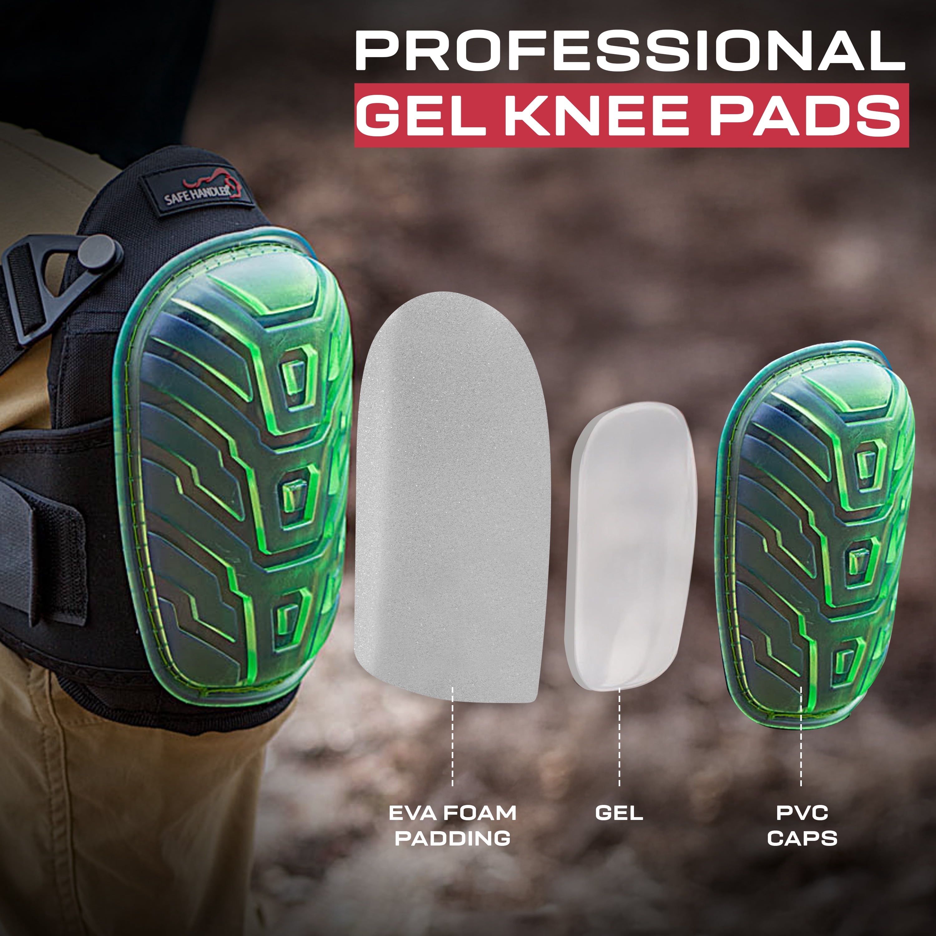 Safe Handler Heavy Duty Work Gel Knee Pads  with Foam Cushion, Adjustable Straps & Hard Cap for Construction