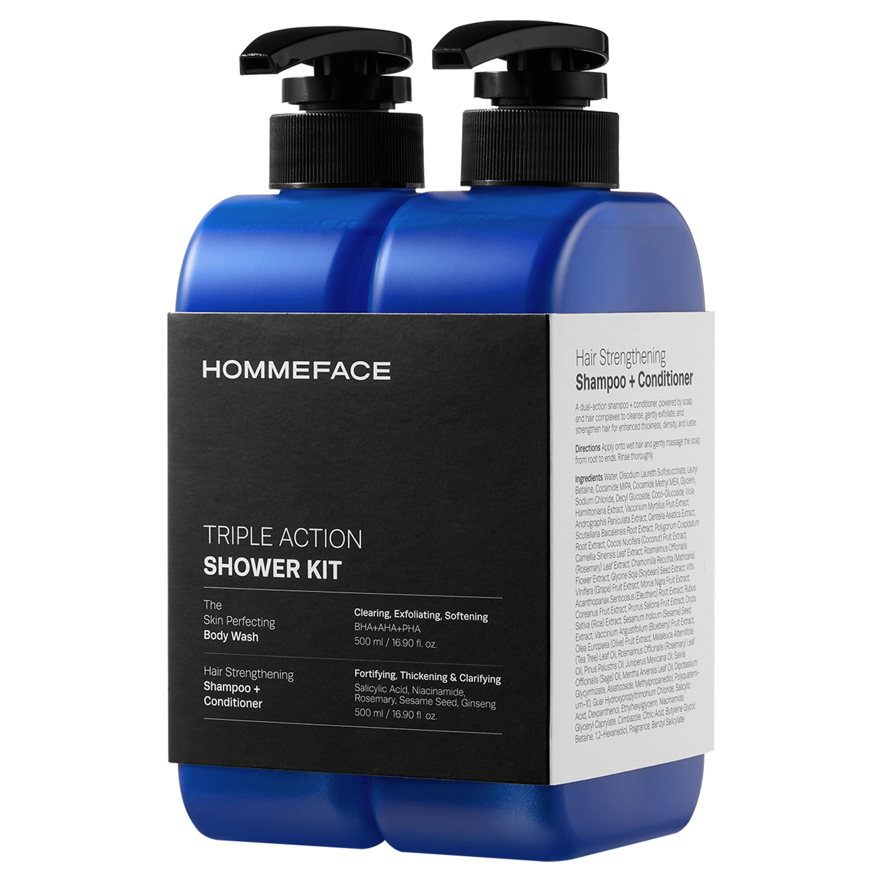 HOMMEFACE Triple Action Shower Kit for Men - Hair & Body Wash Set Includes a 2-in-1 Hair Strengthening Shampoo + Conditioner & Body Wash with Pump for Acne-Prone Skin