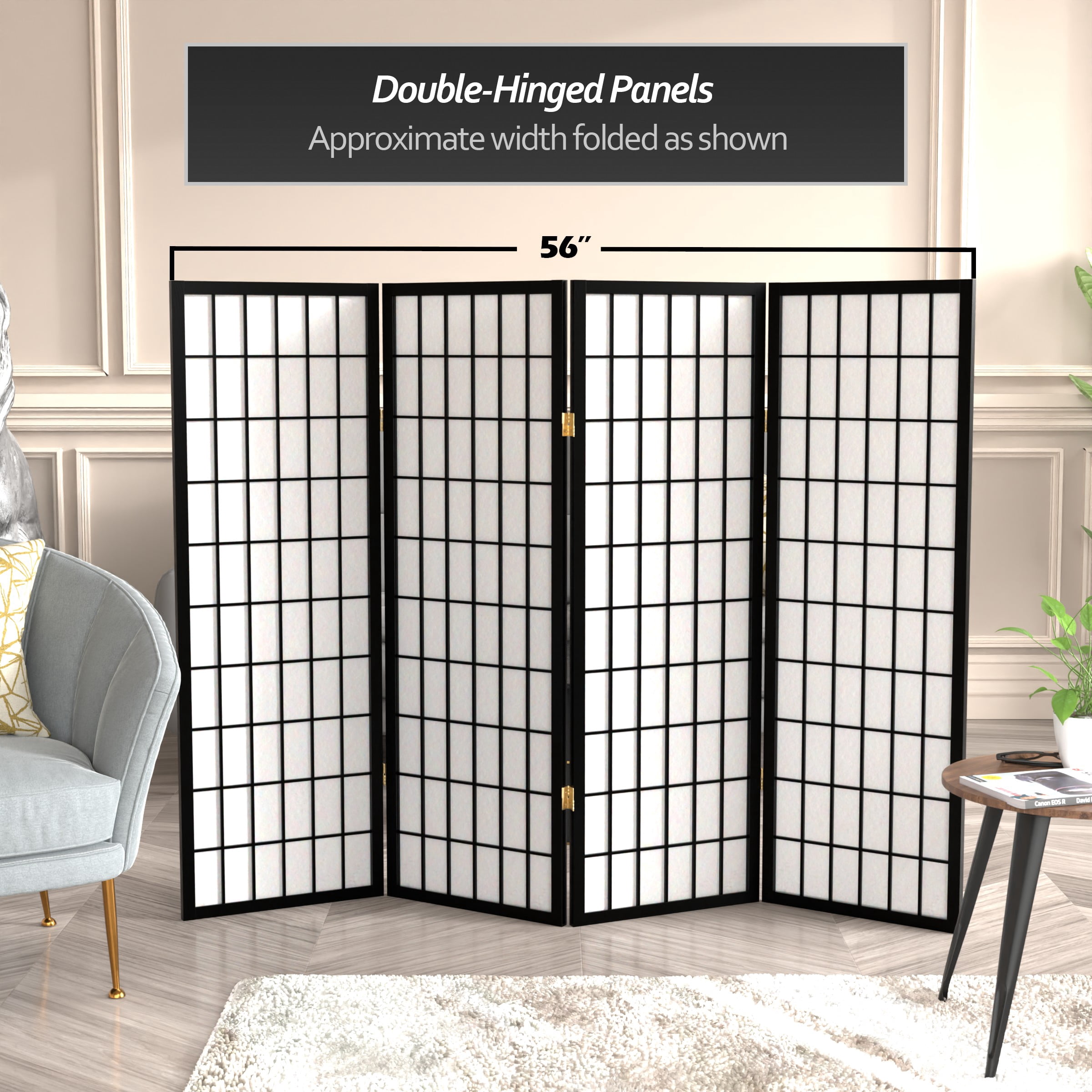 4 ft. Tall Window Pane Shoji Screen - Black - 4 Panels