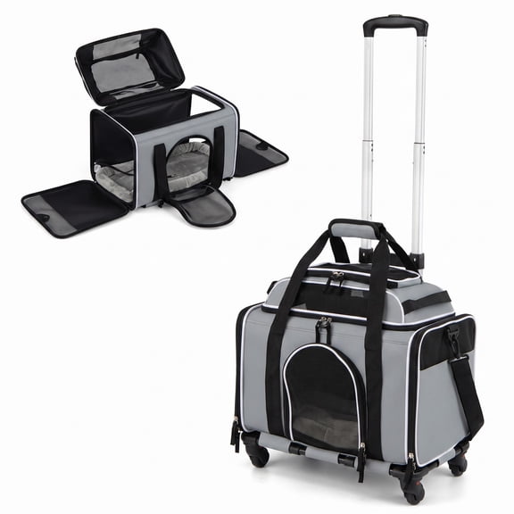 ALPULON Rolling Pet Carrier with Wheels, Airline Approved Foldable Cat and Dog Travel Carrier, Telescopic Handle, Machine-Washable Cushion and Breathable Mesh, Grey