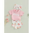 thumbnail image 3 of vera natura Baby Girls Shorts Set, Short Sleeve Letters Print T-shirt with Peach Print Shorts and Bowknot Hairband, 3 of 9