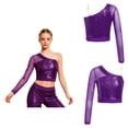thumbnail image 3 of Aislor Kids Girls One Shoulder Long Sleeve Sequins Crop Top Athletic Shirts Jazz Hip-hop Dance Costume Size 6-16 Purple 8, 3 of 7