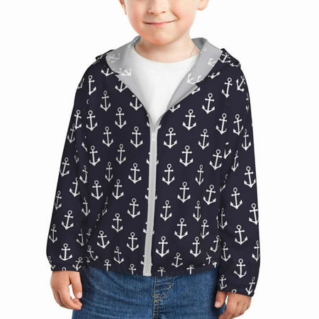 

Sun Hoodie for Kids white anchor navyblue pattern Long Sleeve Swim Fishing Shirts Sun Protection Zip Up Jacket Clothing Athletic Hoodie