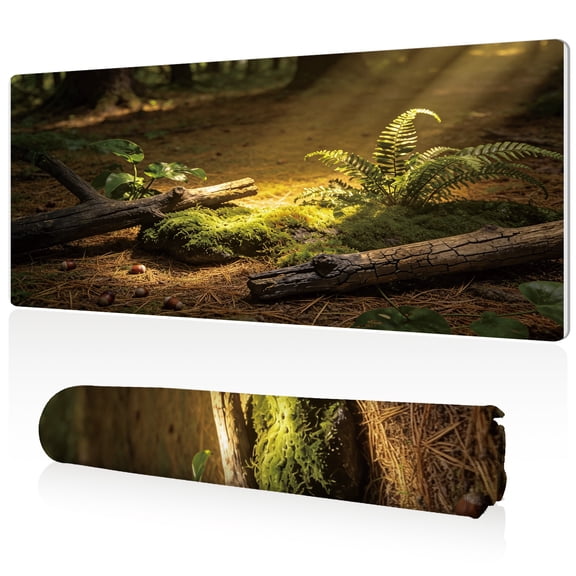 LIVEKEY XL Mouse Pad 80x40x0.3cm Mossy Forest Floor with Ferns and Acorns Design Full Desk Coverage Non Slip Durable Easy Clean Stitched Edges for Gaming and Office