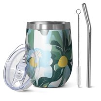 12oz Stemless Wine Tumblers Floral Pattern Vacuum Insulated Stainless Steel Travel Tumbler Cups Mug with Lid and Straw for Champaign,Cocktail,Beer with Cleaning Brush